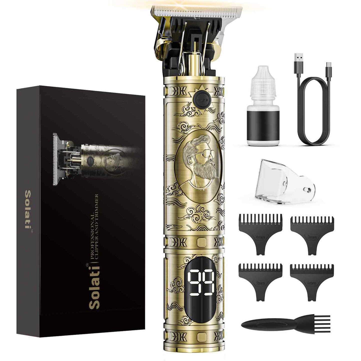 Maquina de Cortar Pelo Hombre, Maquina de Afeitar Hombre Eléctrica con LED Cortapelos Recortar Barba Sin Cable Maquinilla de Afeitar Cortar Pelo Para el Hogar y el Salón (Bronce)