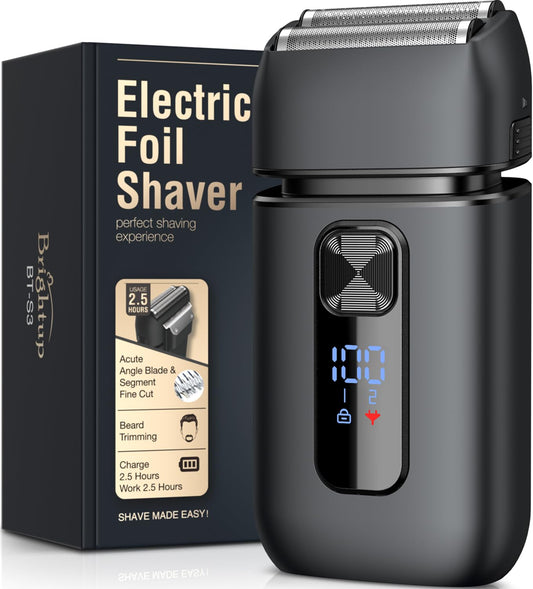 Brightup Afeitadora Eléctrica Hombre, Máquina de Afeitar con Recortador Emergente, Recargable USB-C, 150 Min de Uso, Resistente al Agua y Sin Cable, Doble Hoja Flotante para Afeitado Apurado, Negro