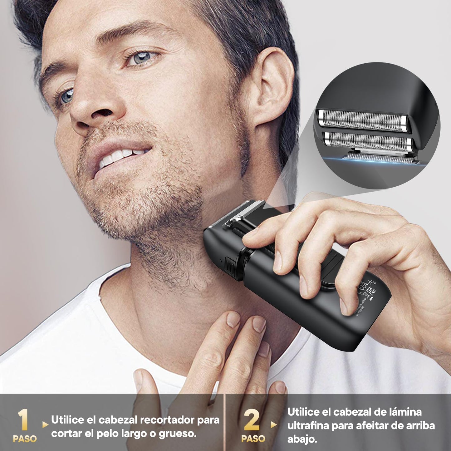 Brightup Afeitadora Eléctrica Hombre, Máquina de Afeitar con Recortador Emergente, Recargable USB-C, 150 Min de Uso, Resistente al Agua y Sin Cable, Doble Hoja Flotante para Afeitado Apurado, Negro