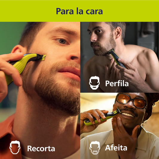 Philips OneBlade 360 Auténtico Recortadora y afeitadora eléctrica para barba, 2 cuchillas 360, 3 peines para barba incipiente (1,3,5 mm), QP2724/31