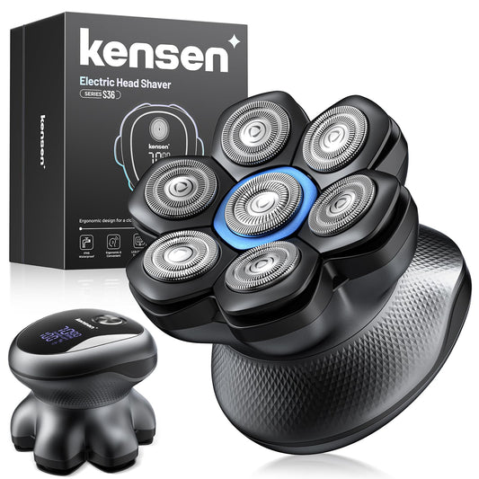 kensen Afeitadora Cabeza Hombre, Máquina de Afeitar Cabeza con 2 Velocidades, 7D Cabezales Magnéticos, Afeitadora Electrica Hombre Calva en Seco y Húmedo, IPX6 Impermeable, Carga USB-C, Pantalla LED